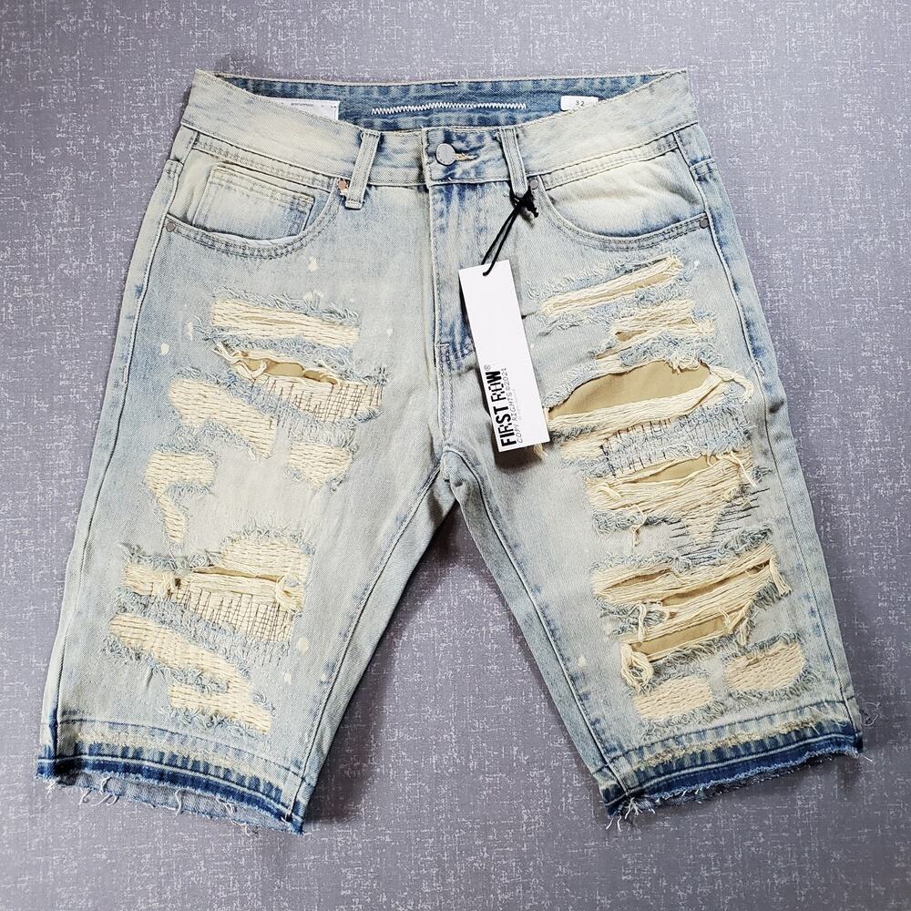 First Row Light Stone Distressed Denim Shorts